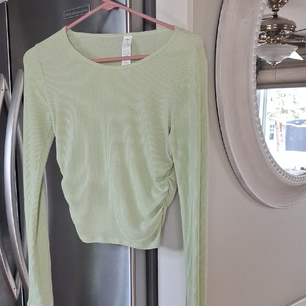 ALO Yoga Mint Green Ruched-Side Ribbed Long Sleeve Top